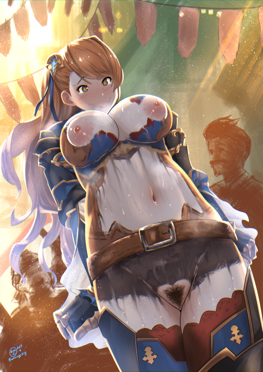 10s amaaay_zing areolae armor beatrix_(granblue_fantasy) belt blush bodypaint breasts brown_eyes brown_hair embarrassed enf erect_nipples exhibitionism female granblue_fantasy hair_ornament highres large_breasts long_hair navel nipples nude painted_clothes pubic_hair pussy ringed_eyes smile solo_focus string_of_flags sweat tears thighhighs wavy_mouth