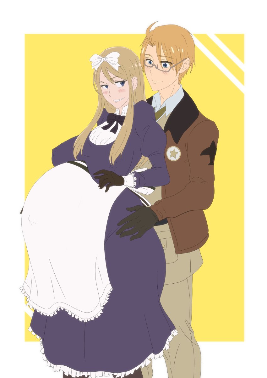 1boy 1girls alfred_jones america_(hetalia) axis_powers_hetalia belarus_(hetalia) belly big_belly big_breasts blonde_hair blue_eyes blush breasts clone66 clothed clothing commission dress female from_behind from_behind_position glasses gloves hair_ribbon hand_on_hip jacket looking_at_another looking_back male male/female natalia_alfroskaya navel nipple_bulge pregnant smile smug standing straight tagme thick_thighs wholesome