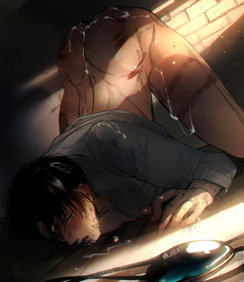 1boy _xp_d after_sex ass_up attack_on_titan bare_ass bodily_fluids bolo_tie cum cum_on_ass cum_on_body face_down_ass_up genitals levi levi_ackerman male male_focus male_only semen semen_on_body shingeki_no_kyojin shirt_only solo solo_focus solo_male