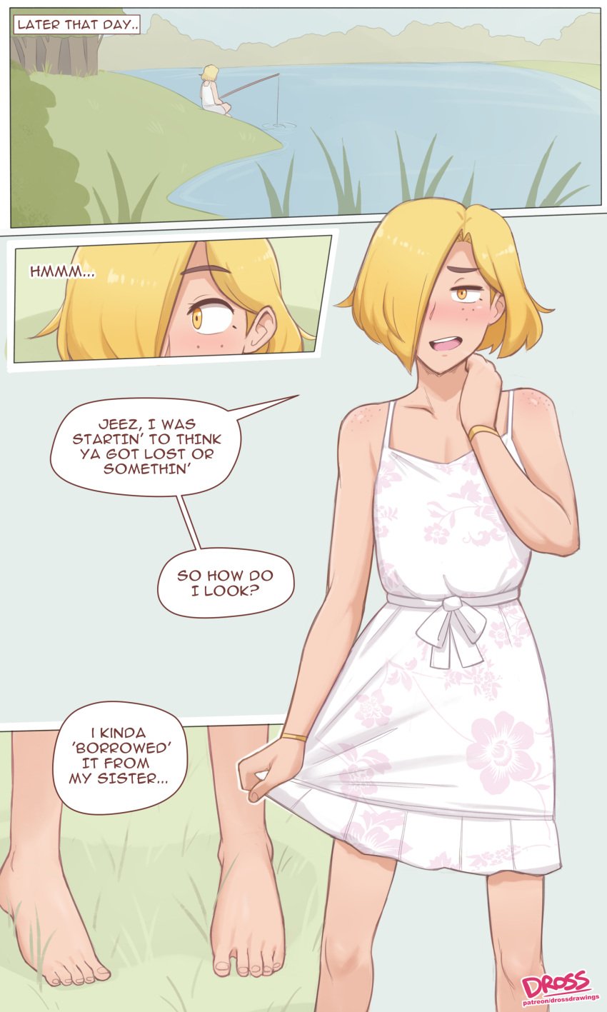 1boy blonde_hair caleb_(dross) comic crossdressing dross english_text farm_boy_(dross) feet femboy fishing fishing_rod girly hand_on_own_neck male male_only original sissy solo solo_male speech_bubble text