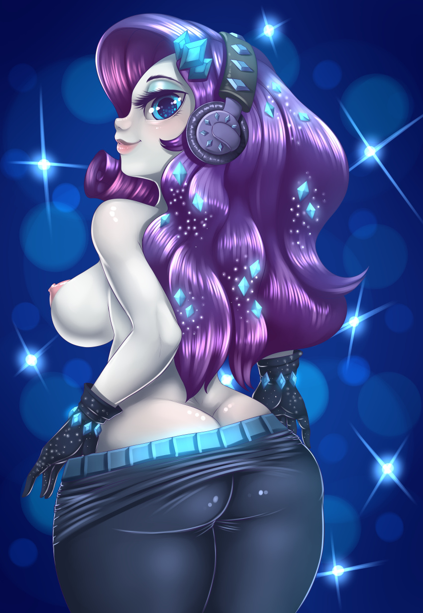 1girls abstract_background absurd_res areolae ass ass_cleavage blush breasts butt_crack dankflank diamonds earrings equestria_girls female female_only friendship_is_magic gloves hasbro headphones hi_res highres jewelry looking_back my_little_pony nipples pulling_down_pants rarity_(eg) rarity_(mlp) rear_view sideboob solo solo_female teasing the_other_side_(eg) topless