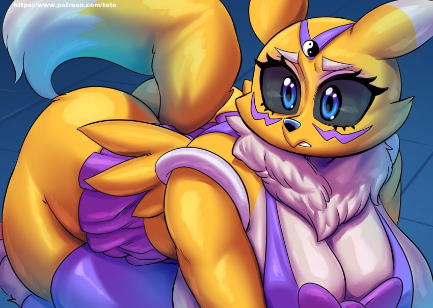 absurd_res bent_over black_sclera blue_eyes cleavage_overflow digimon dress fabianoferreira female female_focus female_only furry furry_only hi_res large_ass large_breasts nervous renamon sailor_moon_redraw_challenge stockings toto_draw white_fur yellow_fur