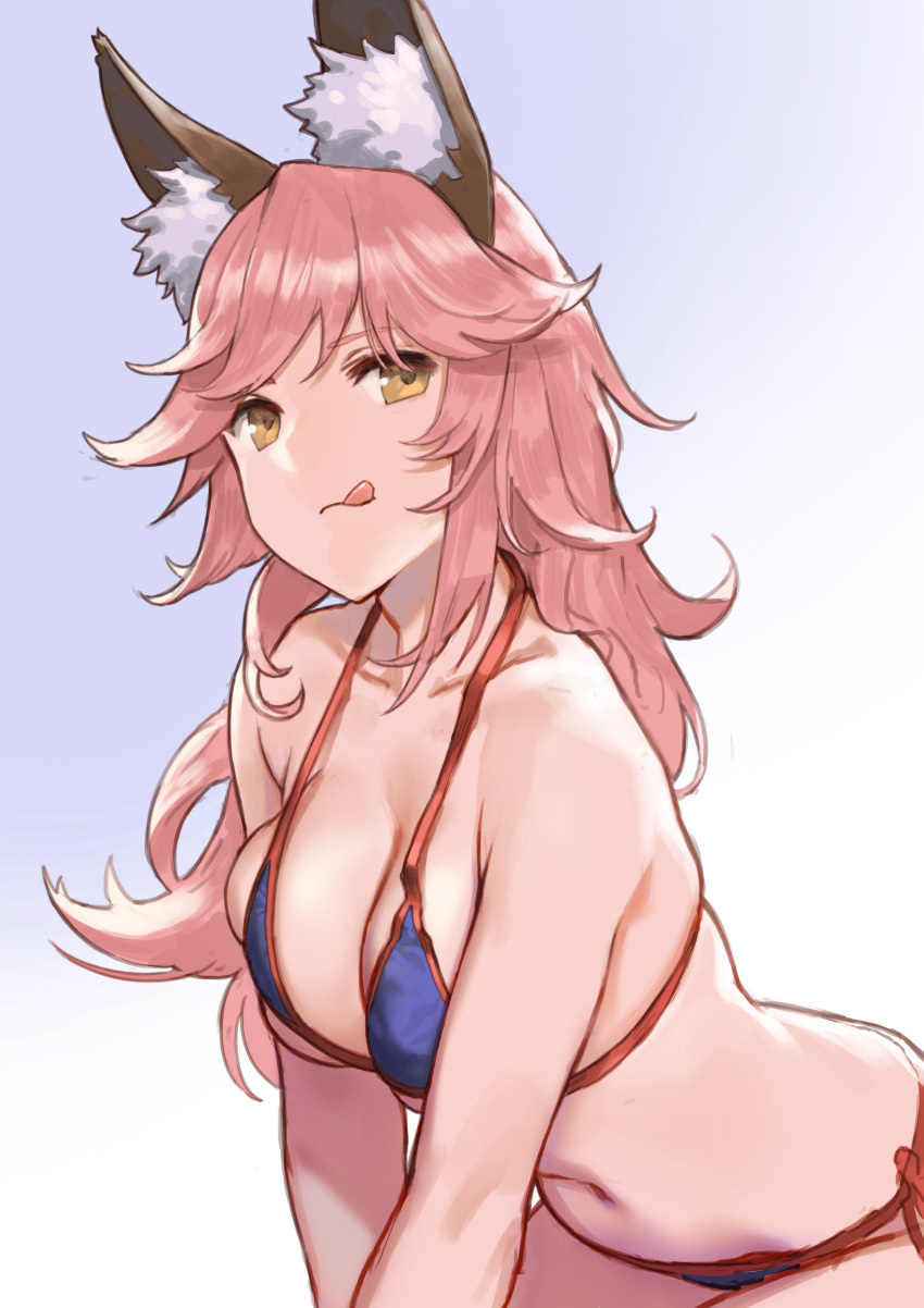 absurdres animal_ears bikini breast_squeeze breasts cancer_(zjcconan) fate/grand_order fate_(series) female fox_ears highres large_breasts long_hair looking_away pink_hair swimsuit tamamo_no_mae_(fate) tamamo_no_mae_(swimsuit_lancer) tongue tongue_out