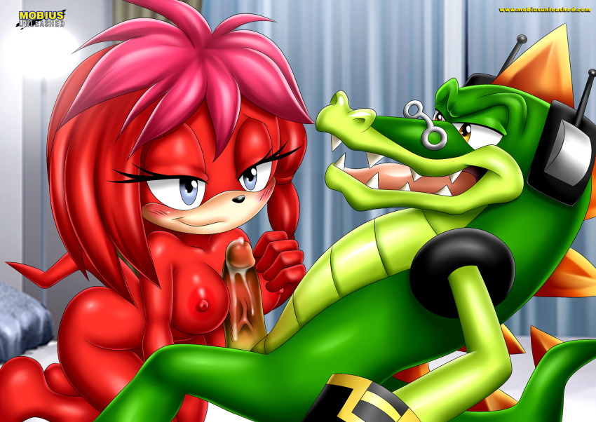 argyle_the_crocodile bbmbbf blush breasts cum_drip eyes_half_open gold_eyes green_skin lara-su mobius_unleashed paizuri palcomix pink_hair purple_eyes red_fur sonic_(series) sonic_the_hedgehog_(comics) titjob