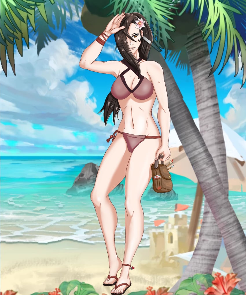 1girls alternate_costume beach bikini brown_bikini brown_eyes brown_hair brown_swimsuit fire_emblem fire_emblem_fates hair_flower hair_over_one_eye kagero_(fire_emblem) large_breasts long_hair looking_at_viewer nintendo ocean paintbrush palm_tree ponytail samuraijam34 sand_castle seaside solo solo_female swimsuit tree