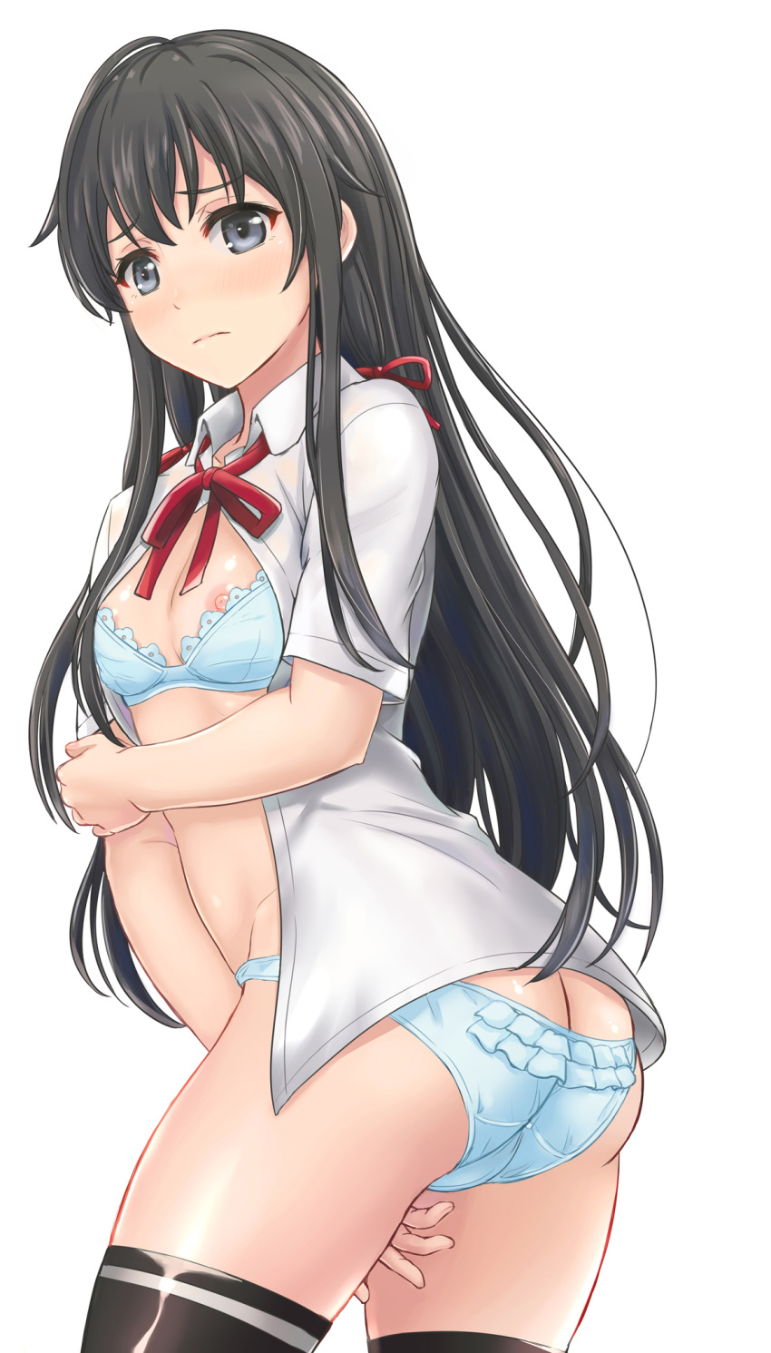 ass ass_cleavage black_hair blue_eyes blush bra breast_slip breasts butt_crack clothing female from_behind hair_ornament hair_ribbon high_resolution inanaki_shiki lingerie long_hair looking_at_viewer my_teen_romantic_comedy_snafu nipple_slip nipples open_clothes pantsu posterior_cleavage ribbon school_uniform simple_background small_breasts solo tagme thighhighs underwear yukinoshita_yukino