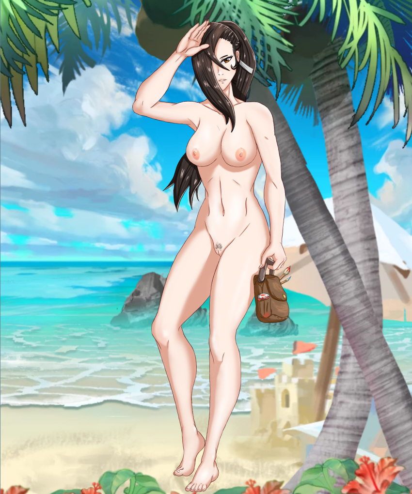 1girls barefoot beach brown_eyes brown_hair completely_nude female_pubic_hair fire_emblem fire_emblem_fates hair_flower hair_over_one_eye kagero_(fire_emblem) large_breasts long_hair looking_at_viewer nintendo nipples nude nude_female ocean paintbrush palm_tree ponytail pubic_hair pussy samuraijam34 sand_castle seaside solo solo_female tree