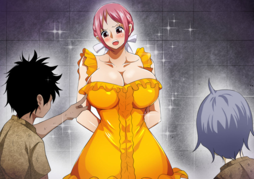 1girls 2boys annoyed arms_behind_back big_breasts blush breast_poke dress female female_focus huge_breasts light-skinned_female male one_piece qdoujin rebecca_(one_piece) straight teen teenage_girl teenager voluptuous voluptuous_teen