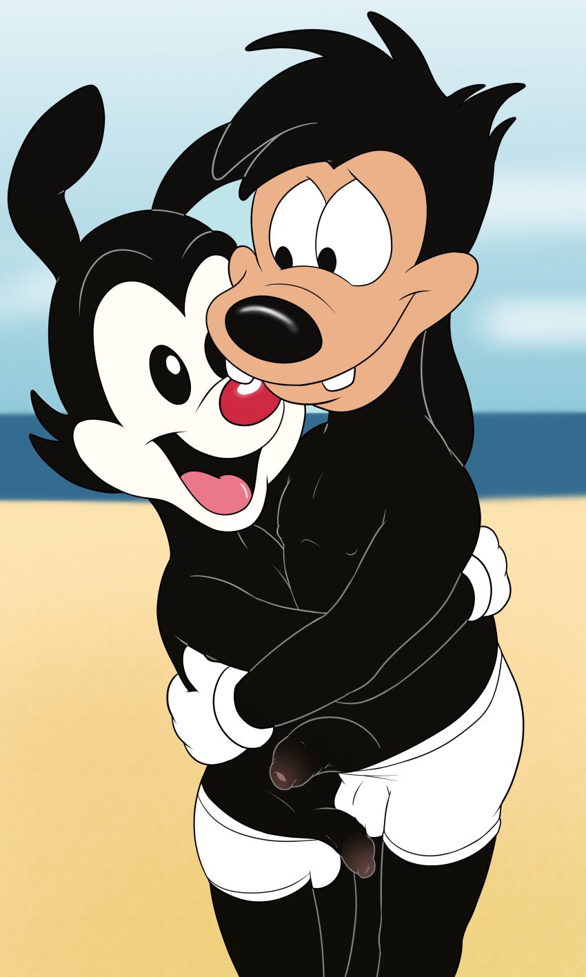 absurd_res animaniacs anthro balls balls_in_panties black_body black_fur bulge canid canine canis clothing crossover cub detailed_background disney domestic_dog duo flaccid foreskin fur gay genitals gloves goof_troop handwear hi_res hug humanoid_genitalia humanoid_penis inkblot long_foreskin magzol male male/male male_cub male_only mammal max_goof open_mouth penis tongue uncircumcised uncut underwear warner_brothers yakko_warner