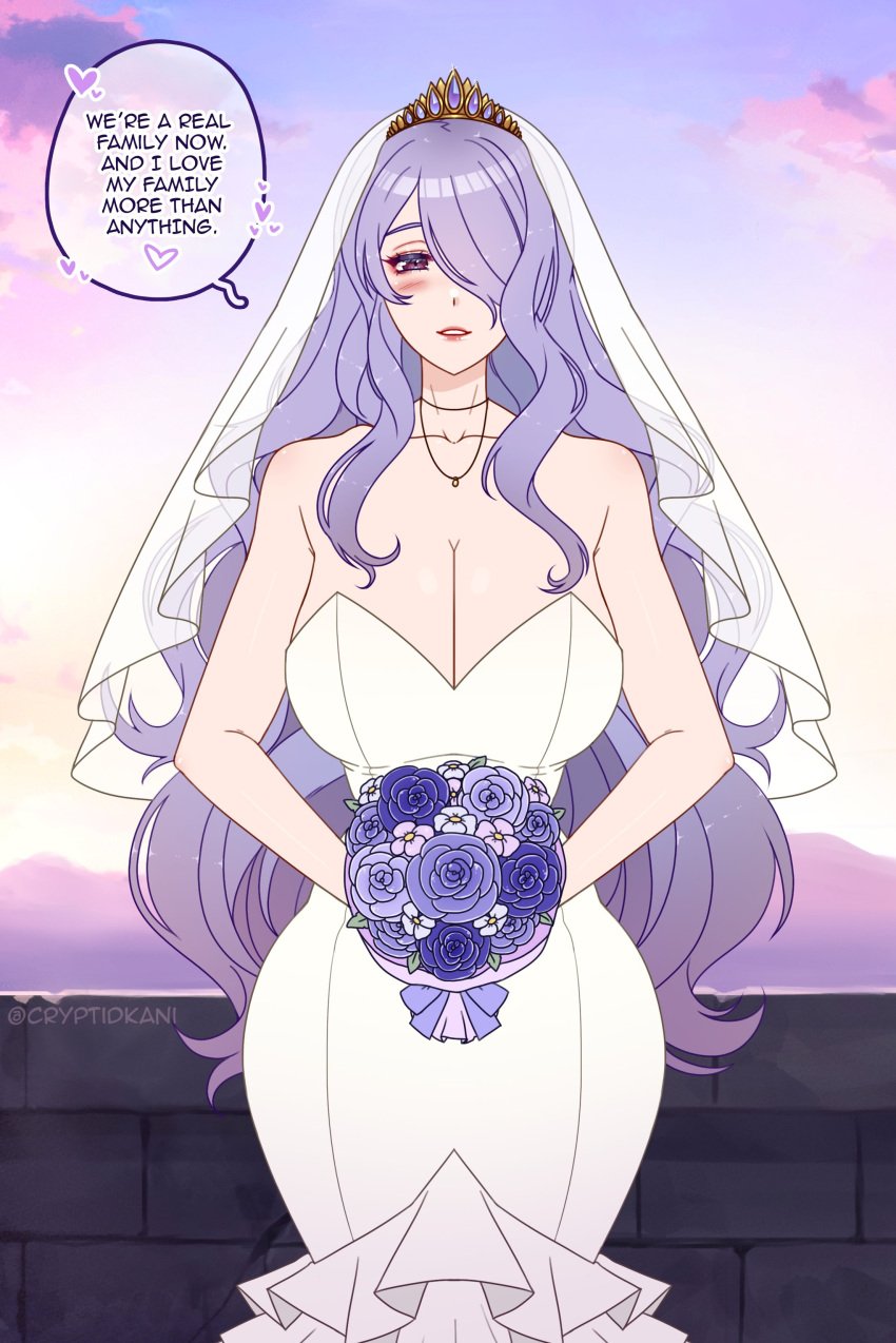 1girls alternate_costume bare_shoulders blush bouquet bridal_veil bride camilla_(fire_emblem) cleavage collarbone cryptid_crab english_text fire_emblem fire_emblem:_three_houses fire_emblem_fates flower hair_over_one_eye hourglass_figure huge_breasts long_hair looking_at_viewer necklace nintendo outside purple_eyes purple_hair see-through solo solo_female text veil very_long_hair violet_eyes wavy_hair wedding_dress wide_hips