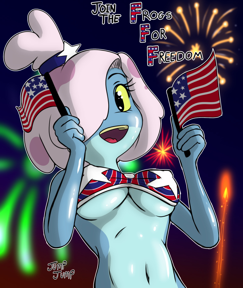 american_flag american_flag_bikini amphibia amphibian amphibian_humanoid animal_humanoid belly breasts disney female fireworks glistening glistening_body glistening_skin hi_res humanoid jumpjump looking_at_viewer maddie_flour navel nipple_bulge one_eye_obstructed smile solo straight_hair under_boob