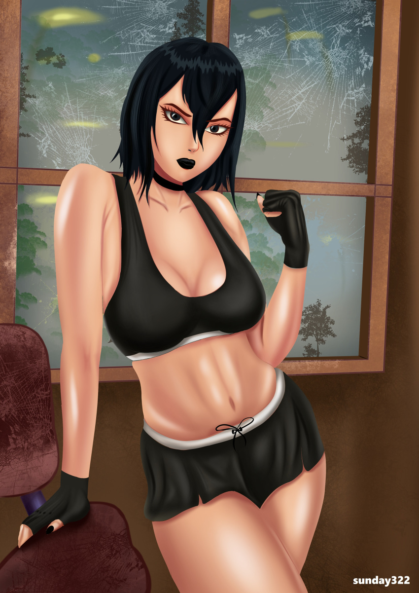 abs alexandra_trese black_hair black_lips black_lipstick boxing_shorts bra breasts choker fingerless_gloves fit gloves goth gothic lipstick looking_at_viewer muscular_female short_hair shorts sports_bra sportswear sunday322 tagme tomboy trese window