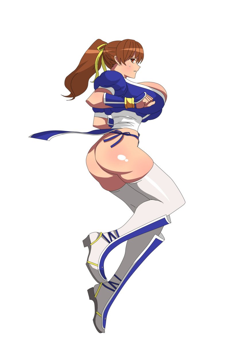 1girls accidental_exposure ass breasts brown_hair bursting_breasts dat_ass dead_or_alive embarrassed hair_ribbon highres huge_ass huge_breasts jumping kagemusha kasumi_(doa) legs long_legs no_panties no_underwear ponytail revealing_clothes ribbon simple_background tecmo thick_thighs thighhighs thighs white_background white_legwear