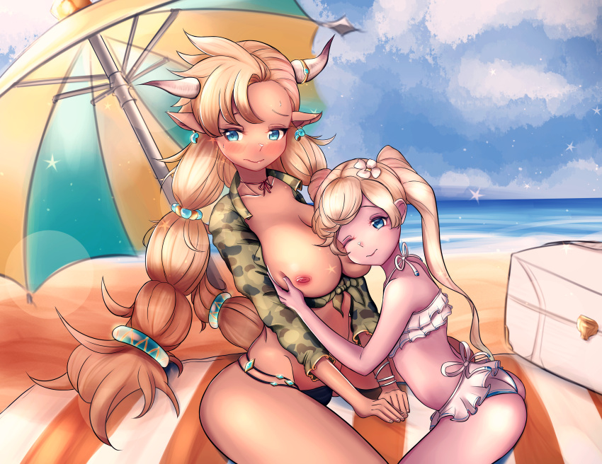 2girls almeida_(granblue_fantasy) ass beach blonde_hair blue_eyes blush clouds draph_race_(granblue_fantasy) fond fondling_breast granblue_fantasy half_naked io_(granblue_fantasy) io_euclase multiple_girls nipple redgrel swimsuit umbrella water young yuri