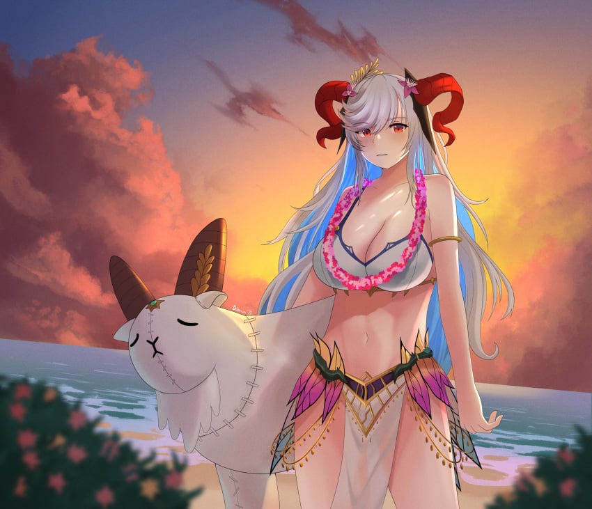 1girls alternate_costume bare_midriff beach big_breasts bikini breasts cleavage doiparuni female female_only fire_emblem fire_emblem_heroes flower flower_necklace freyja_(fire_emblem) freyja_(summer)_(fire_emblem) goat horns large_breasts lei light-skinned_female light_skin long_hair navel nintendo ocean plushie red_eyes red_horns sea seaside solo solo_female sunset swimsuit white_bikini white_hair white_swimsuit