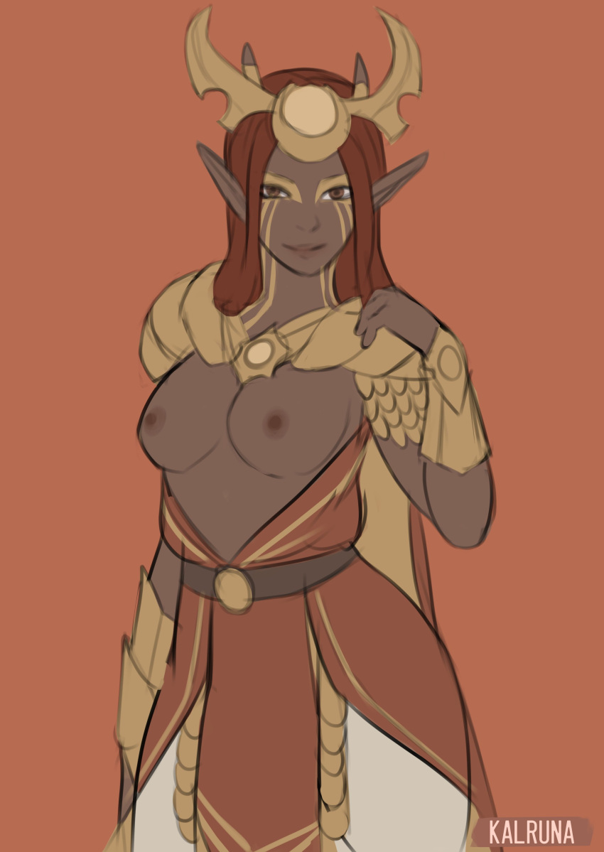 1girls antlers armor bare_chest breasts dark-skinned_female dark_skin elf elf_ears female_only horns janai kalruna nipples partially_clothed pointy_ears red_hair smile sunfire_elf tattoos the_dragon_prince