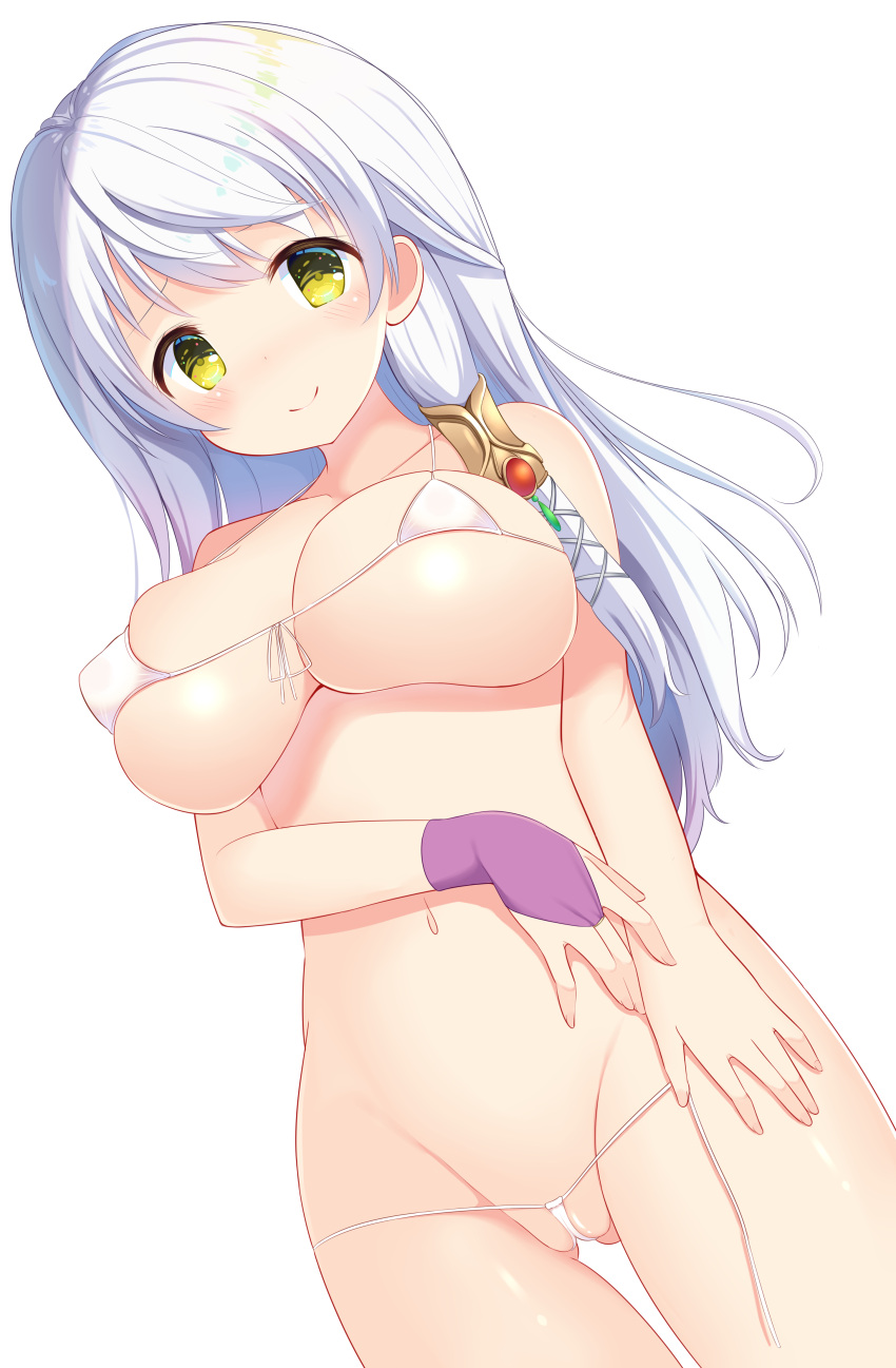 1girls bikini fire_emblem fire_emblem:_radiant_dawn from_below functionally_nude large_breasts looking_at_viewer looking_down micaiah_(fire_emblem) micro_bikini mimi_(mimi3mimimi) nintendo revealing_clothes skindentation smile solo solo_female white_hair yellow_eyes