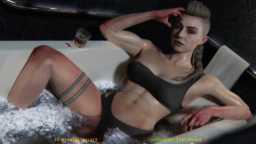 1girls 3d alcohol bathing bathtub blender blonde_hair blood_stain bra call_of_duty call_of_duty_black_ops_cold_war cold female female_focus female_only hi_res ice looking_at_viewer outside panties skstalker snowfall solo solo_female tagme underwear wraith_(cod)