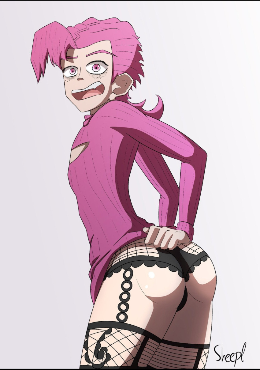 doppios_sweater femboy jojo's_bizarre_adventure pink_hair socks solo_male stockings trap vento_aureo vinegar_doppio