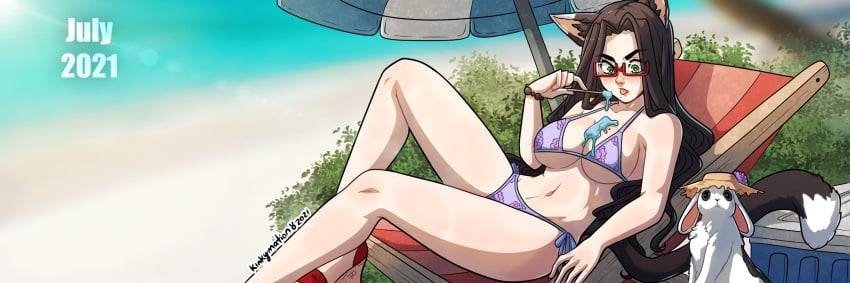 1girls :p beach beach_chair beach_umbrella bikini blush bracelet brown_hair cat_ears cat_tail catgirl female female_only glasses green_eyes hat heart-shaped_pupils hi_res ice_cream ice_cream_on_breasts kinkymation long_hair looking_at_breasts looking_at_viewer lying lying_on_back mole mole_on_breast mole_under_mouth original paulina_(kinkymation) rabbit sea solo solo_female