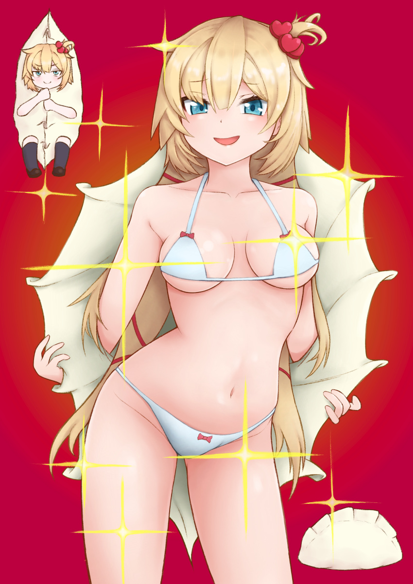 1girls akai_haato blonde_hair gyoza haachama hair_ornament heart_hair_ornament hololive hololive_gen_1 hololive_japan light-skinned_female light_blue_eyes long_hair red_background sparkles striptease underwear virtual_youtuber