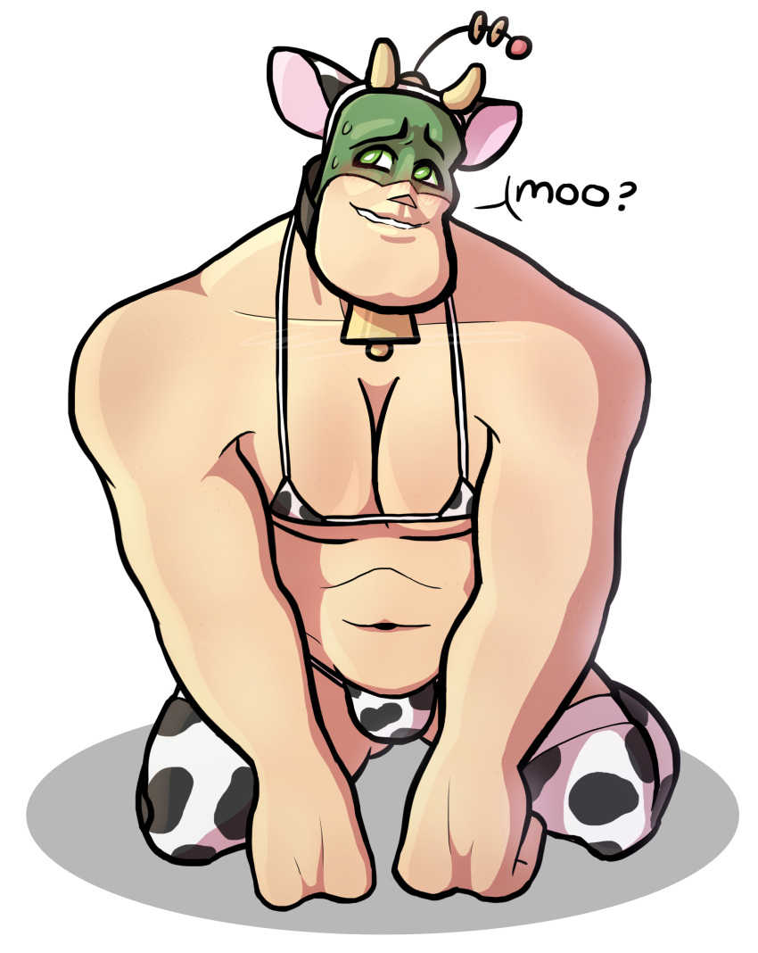 bulge captain_qwark cow_bikini cow_horns cow_print cowbell hero male male_only muscles muscular muscular_male ratchet_and_clank slipsy2 solo white_background