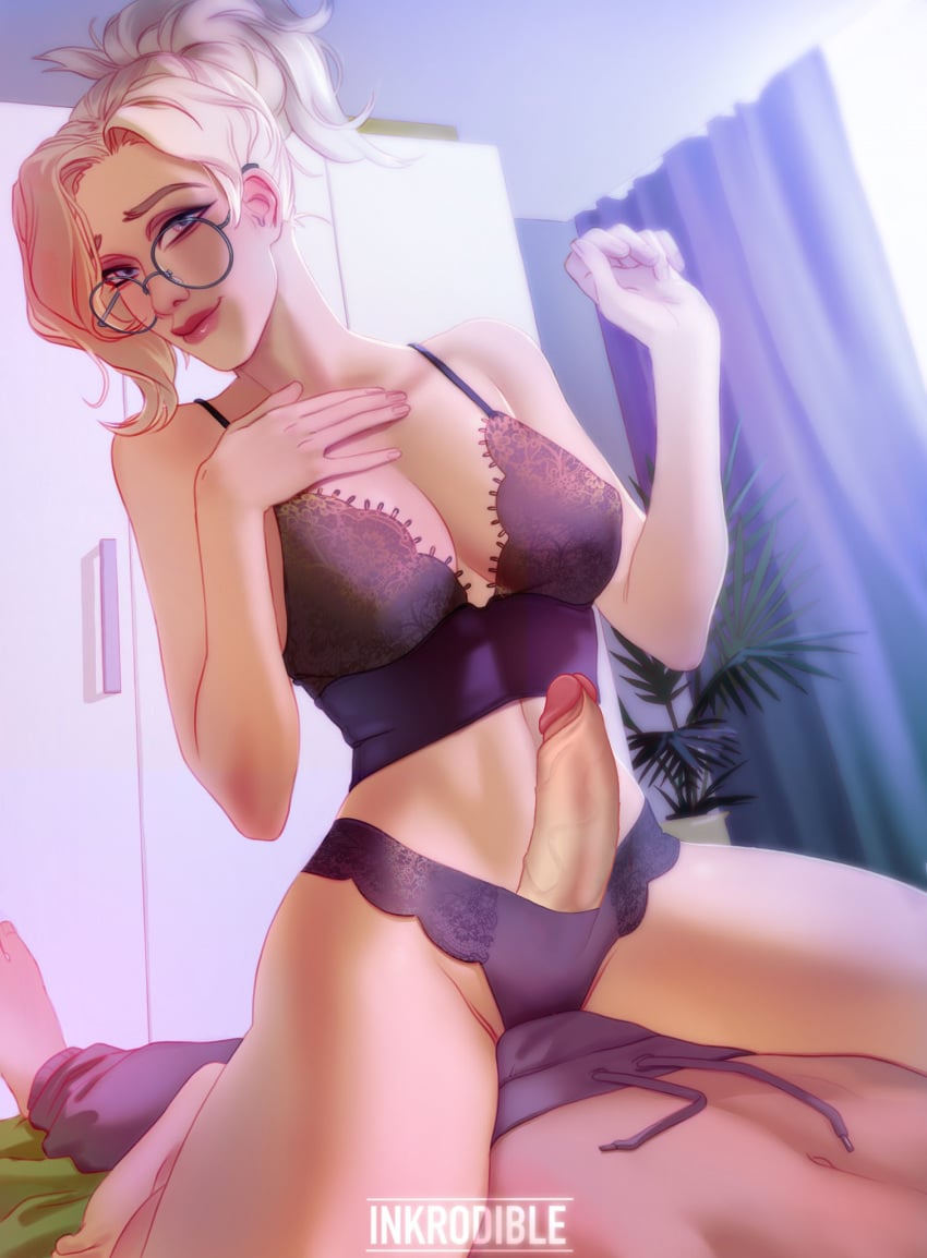 1boy 1futa big_penis blizzard_entertainment blonde_hair breasts cleavage clothed clothing cowgirl_position duo futa_focus futa_with_male futanari human inkrodible large_breasts light-skinned_futanari light_skin lingerie littlemedecine male mercy mostly_nude overwatch pale_skin partially_clothed penis round_glasses sitting sitting_on_person smile solo_focus topless