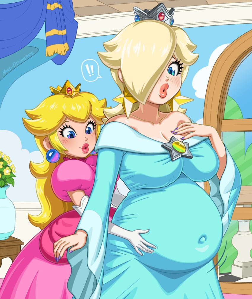 2girls belly_button big_breasts big_lips bloated_belly blush blushing clothed clothing earrings female female_only fully_clothed hard-degenerate huge_belly human large_lips light-skinned_female light_skin lips lipstick mario_(series) nintendo pale_skin pregnant pregnant_belly princess_peach princess_rosalina puckered_lips puffy_lips ready_to_pop standing super_mario_bros. surprised_face thick_lips