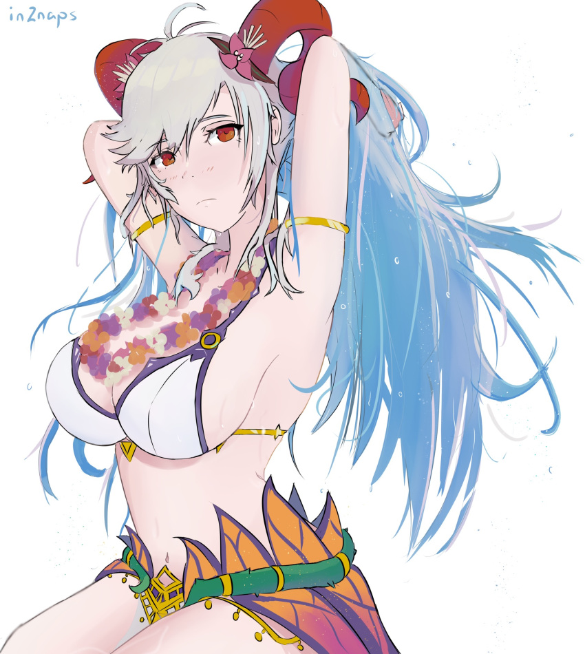 1girls alternate_costume armpits bikini blue_hair colored_inner_hair fire_emblem fire_emblem_heroes flower flower_necklace freyja_(fire_emblem) freyja_(summer)_(fire_emblem) frown grey_hair horns in2naps large_breasts long_hair multicolored_hair nintendo red_eyes solo solo_female swimsuit wet white_bikini white_swimsuit