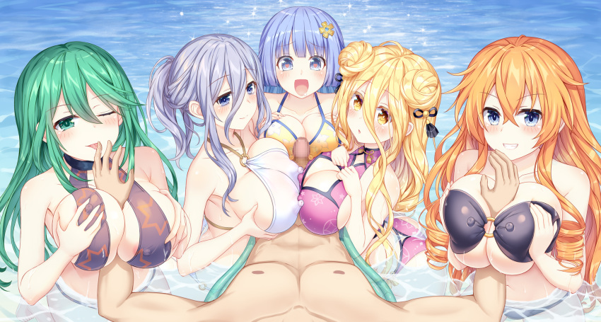 areola ass bikini bikini_top breast_grab breast_hold censored date_a_live erect_nipples hoshimiya_mukuro izayoi_miku kazamachi_yamai kyouno_natsumi murasame_reine paizuri penis swimsuits symmetrical_docking titfuck tsubasaki wet