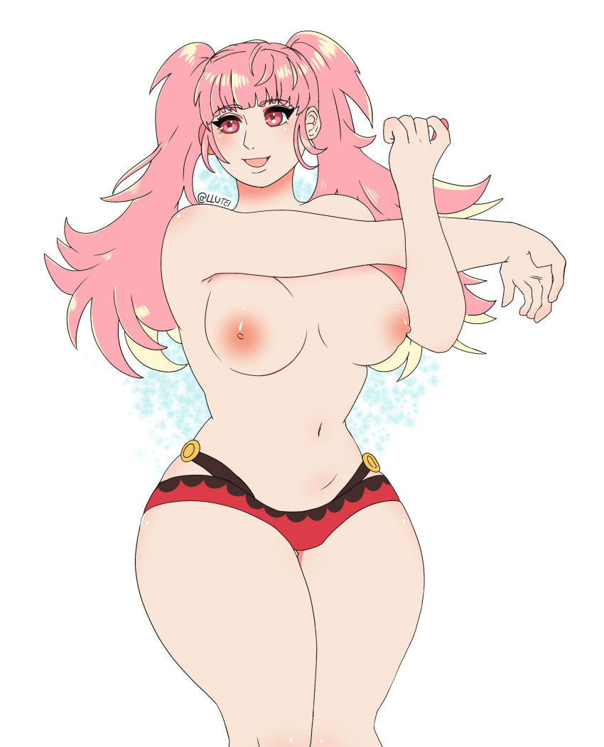 1girls alternate_costume bangs bikini_bottom fire_emblem fire_emblem:_three_houses fire_emblem_heroes hilda_valentine_goneril large_breasts llutei long_hair medium_breasts nintendo nipples open_mouth open_smile pink_bikini pink_hair pink_swimsuit red_bikini red_swimsuit smile solo solo_female stretching thick_thighs topless twintails white_background wide_hips