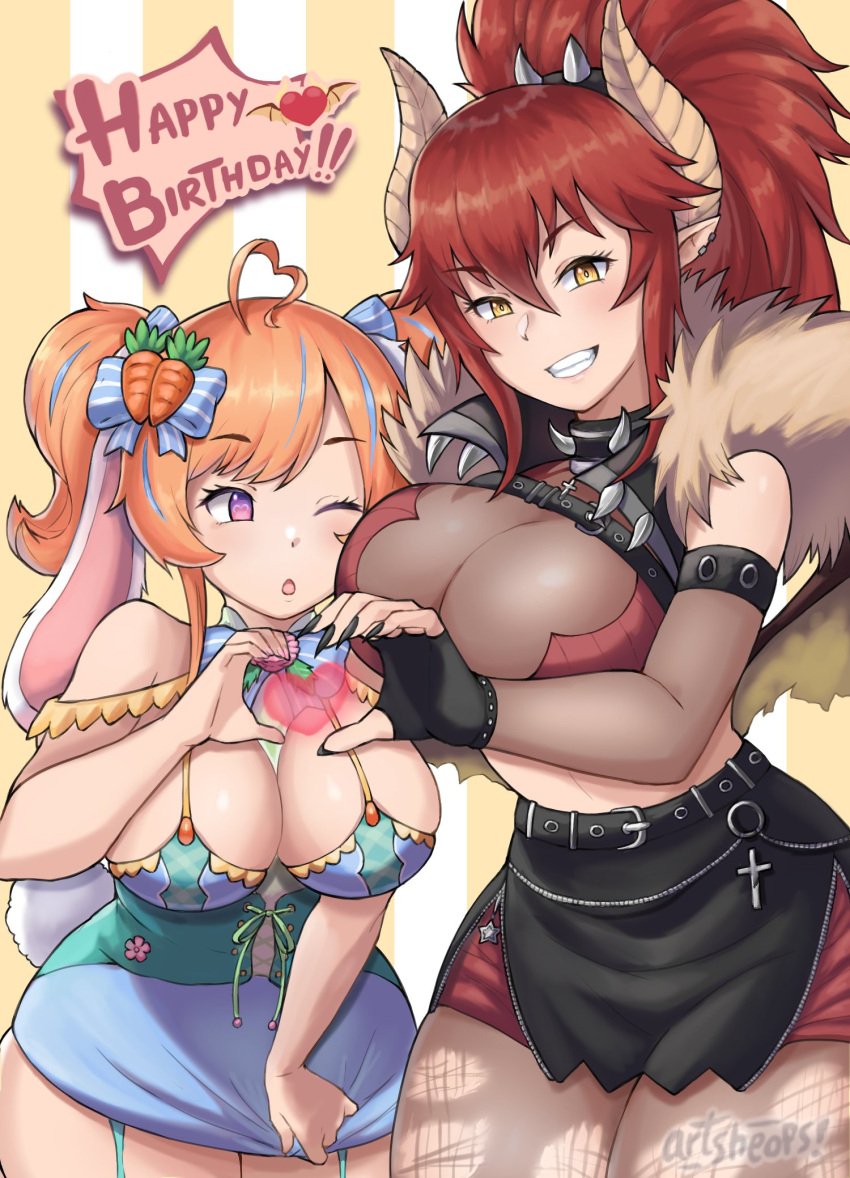 2girls artsheops big_breasts blush breasts bunny_ayumi bunny_gif dragon dragon_girl horns huge_breasts indie_virtual_youtuber multiple_girls orange_hair ponytail purple_eyes red_hair smile tagme thick_thighs thighs twintails twitch virtual_youtuber vshojo yellow_eyes zentreya