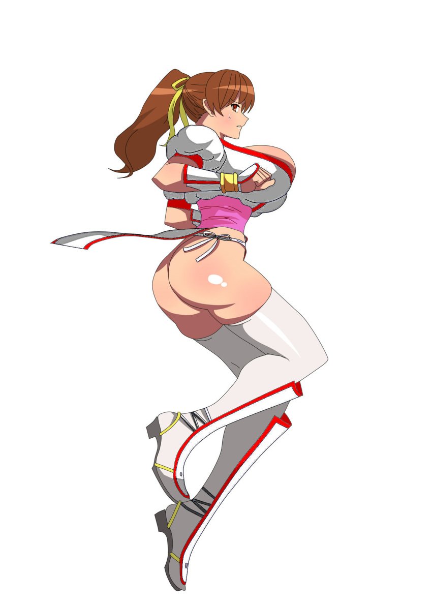 accidental_exposure ass breasts brown_hair bursting_breasts dead_or_alive embarrassed female hair_ribbon highres huge_ass huge_breasts jumping kagemusha kasumi_(doa) legs long_legs no_bra no_panties no_underwear ponytail ribbon simple_background tecmo thick_thighs thighhighs thighs third-party_edit white_background white_legwear