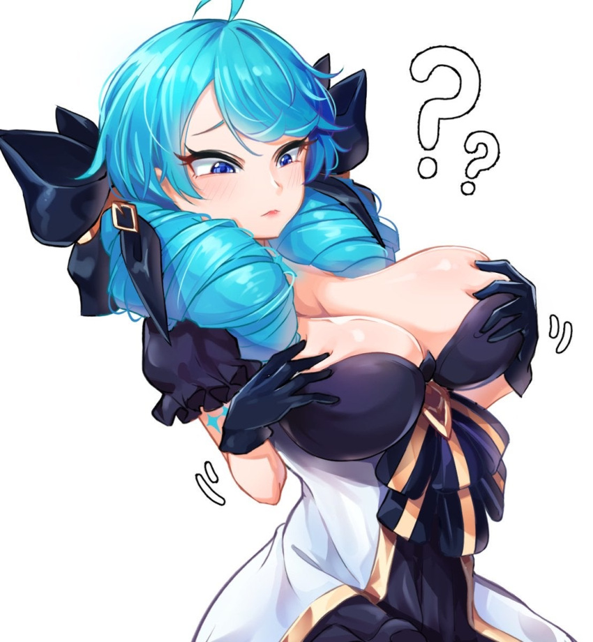 1girls big_breasts black_gloves blue_eyes blue_hair blush female female_focus female_only gwen_(league_of_legends) hand_on_breast large_breasts league_of_legends league_of_legends:_wild_rift looking_at_breasts solo solo_female solo_focus touching_breast touching_self twin_drills twintails unknown_artist