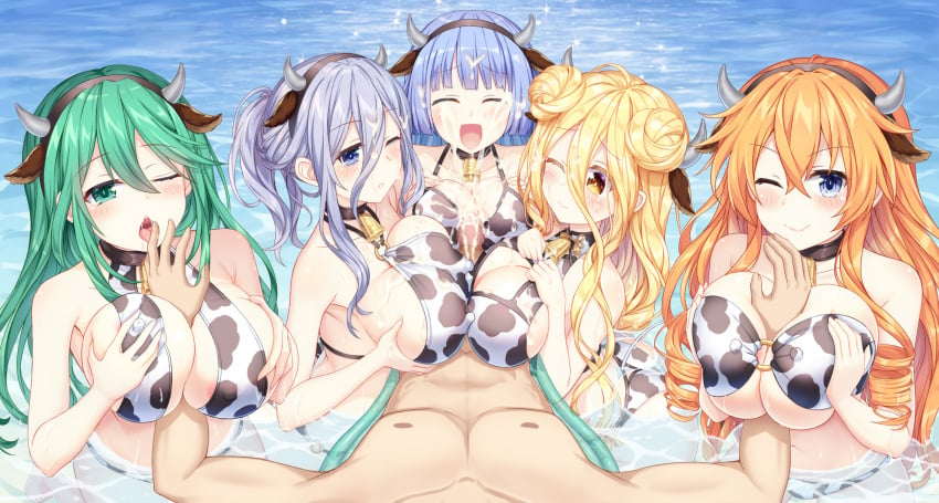 animal_ears areola ass bikini bikini_top breast_grab breast_hold censored cum date_a_live erect_nipples horns hoshimiya_mukuro izayoi_miku kazamachi_yamai kyouno_natsumi murasame_reine paizuri penis swimsuits symmetrical_docking titfuck tsubasaki wet