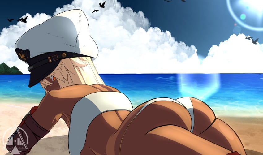 1girls arc_system_works ass beach bikini blonde_eyelashes blonde_hair butt dark-skinned_female dark_skin dat_ass dizzle guilty_gear guilty_gear_xrd looking_back on_stomach orange_hair petite prone_bone ramlethal_valentine solo white_eyelashes white_hair