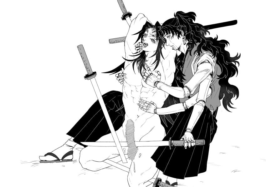 2boys 6_eyes brothers censored demon_slayer doll doll_joints finger_in_mouth gay groping hakama japanese_clothes kimetsu_no_yaiba kokushibo line_art male male_only michikatsu_tsugikuni multi_eye puppet sword yaoi yoriichi_puppet yoriichi_tsugikuni