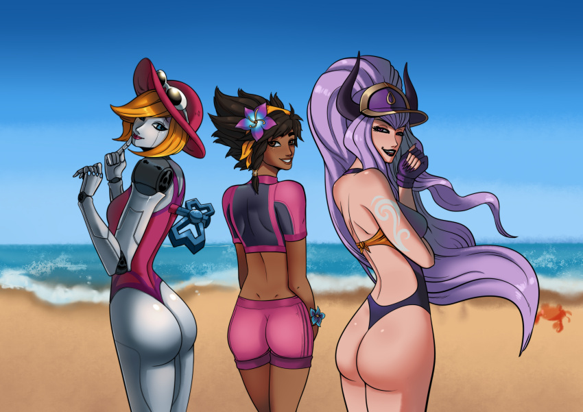 2021 ass beach bikini blonde_hair brown_hair dark-skinned_female league_of_legends orianna pepprnsalt pool_party_orianna pool_party_series pool_party_syndra pool_party_taliyah presenting purple_hair riot_games robot spiderfarto syndra taliyah