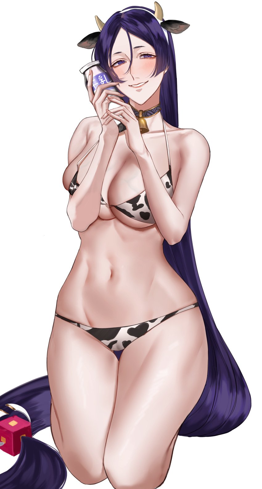 1girls 2021 baka0000 bell bell_collar belly big_breasts bikini bikini_bottom bikini_top bottle_of_milk breasts cleavage collar covered_nipples cow_ears cow_girl cow_horns cow_print_bikini fate/grand_order fate_(series) female female_focus female_only hourglass_figure kneeling long_hair looking_at_viewer milk minamoto_no_raikou_(fate/grand_order) navel on_knees purple_eyes purple_hair simple_background smile smiling solo solo_female solo_focus thighs very_long_hair white_background