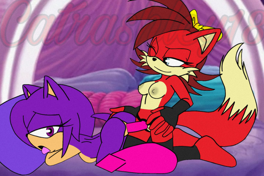 ashley_the_hedgehog boobs breast butt catrashley18 female female/female fiona_fox lesbian pink_strap-on purple_fur red_fur sex_toy sonic_(series) strap-on tongue_out yuri