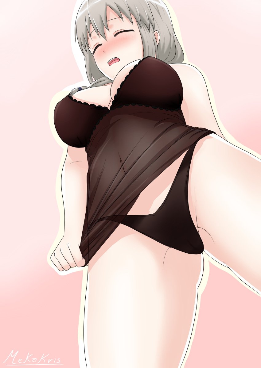 1girls 2020 alternate_version_available belly big_breasts breasts cleavage closed_eyes closed_eyes female female_focus female_only from_below gradient_background grey_hair low-angle_view mature mature_female mekakris milf navel open_mouth open_mouth simple_background solo solo_female solo_focus uzaki-chan_wa_asobitai! uzaki_tsuki