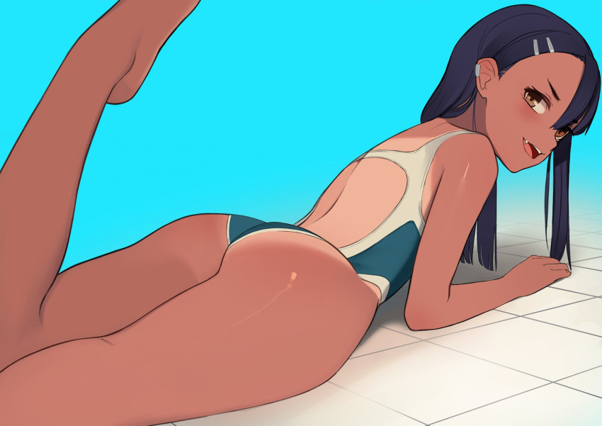 1girls ass black_hair brown_hair cute_fang female_focus female_only grin hayase_nagatoro hi_res legs_up long_hair looking_back on_stomach one-piece_swimsuit open_mouth panapana please_don't_bully_me,_nagatoro pose school_swimsuit simple_background solo swimsuit tan tanline tanlines tanned