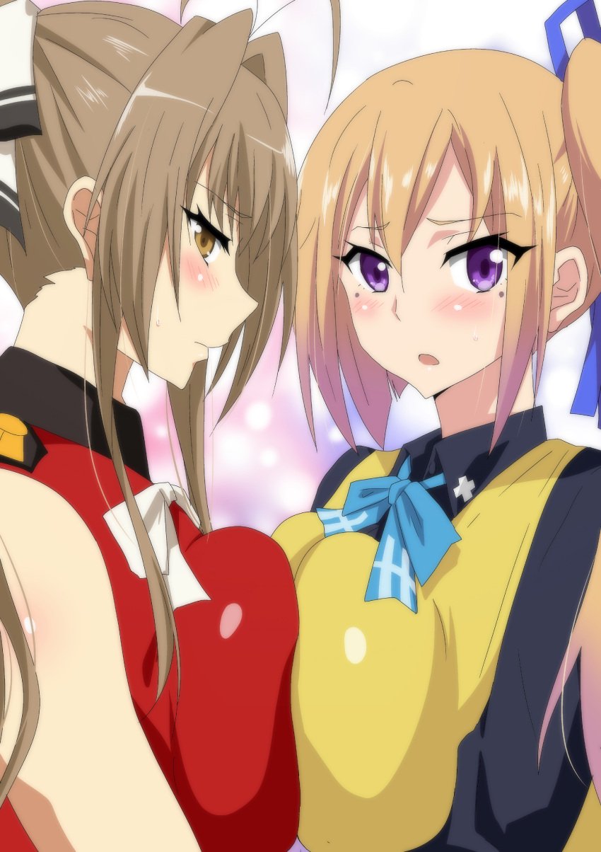 2016 2girls amagi_brilliant_park asymmetrical_hair big_breasts blonde_hair blush bow breast-to-breast breast_press breasts_pressed_together brown_eyes brown_hair clothed clothed_female collar_bar company_connection crossover female female_only hair_bow hair_ribbon hera_(hara0742) high_resolution kawakami_mai kyoto_animation long_brown_hair long_hair looking_at_viewer mole mole_under_eye multiple_girls musaigen_no_phantom_world open_mouth ponytail purple_eyes ribbon ribbon_tie school_uniform sento_isuzu side_ponytail sideboob sweater_vest symmetrical_docking tied_hair uniform