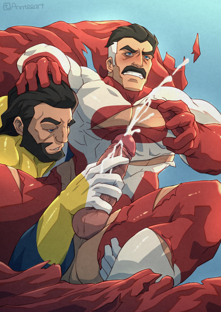 2boys anntee bara beard blush clothed_sex cum cumshot ejaculation gay handjob invincible invincible_(comics) male male_only muscular muscular_male nolan_grayson omni-man ripped_clothing the_immortal veiny_penis yaoi