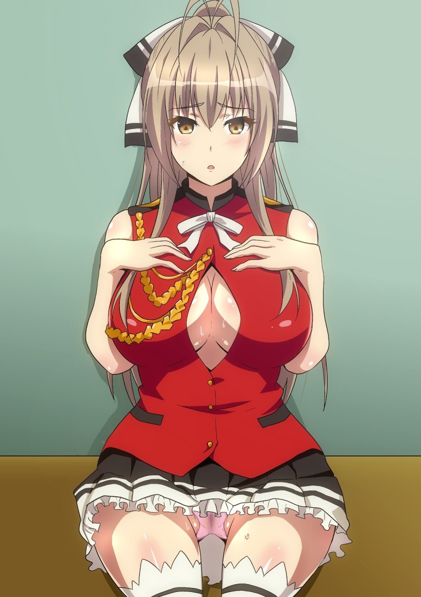 ahoge aiguillette amagi_brilliant_park bad_revision bangs bare_arms bare_shoulders black_skirt blush breasts brown_hair cameltoe female female frilled_skirt frills hair_between_eyes hair_ornament hair_ribbon has_bad_revision hera_(hara0742) high_resolution kneeling large_breasts long_hair looking_at_viewer miniskirt paizuri_invitation panchira panchira_(sitting) pantsu parted_lips pink_panties red_shirt ribbon sento_isuzu shirt sitting skirt sleeveless sleeveless_shirt solo sweat underwear wet wet_clothes wet_panties wet_spot