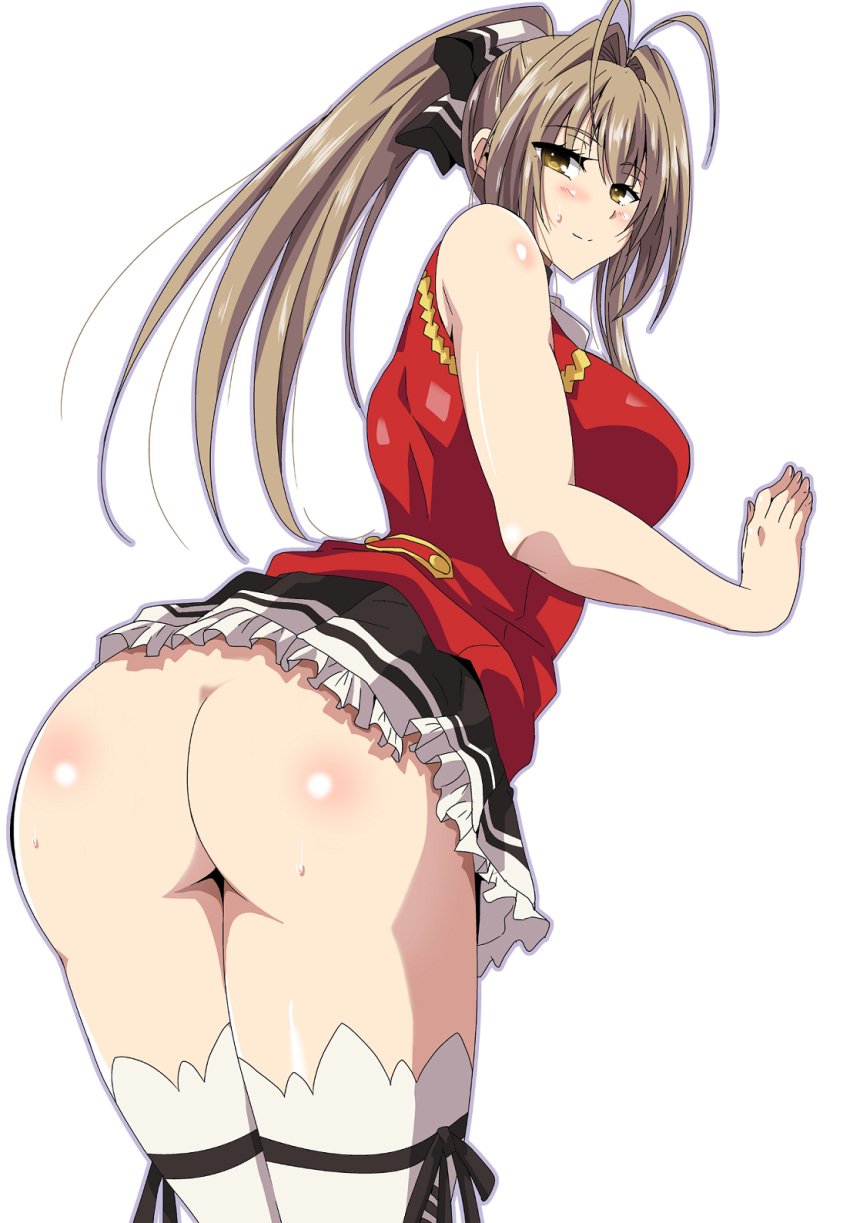 ahoge amagi_brilliant_park ass bare_ass blush bottomless bow breasts brown_eyes brown_hair censored female from_behind hair_ornament hairbow hera_(hara0742) high_resolution huge_ass large_breasts long_hair looking_at_viewer looking_back nopan ponytail sento_isuzu simple_background skirt sleeveless smile solo sweat thighhighs thighs tied_hair white_background white_legwear yellow_eyes