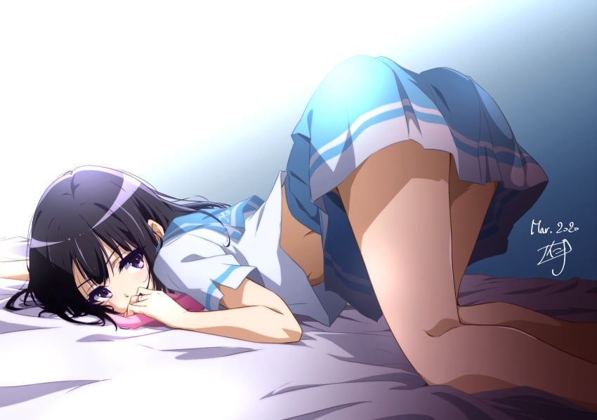 1girls ass ass_in_air bed blush clothing crawling female female_only hibike!_euphonium innocent kousaka_reina laying_on_bed purple_eyes purple_hair school_uniform skirt solo tagme uniform