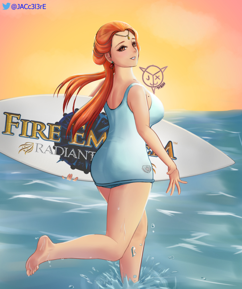 1girls alternate_costume ashunera_(fire_emblem) ass back_view barefoot blue_swimsuit earrings feet fire_emblem fire_emblem:_radiant_dawn grin inviting jyx3 large_ass large_breasts looking_at_viewer looking_back mole mole_on_breast nintendo ocean one-piece_swimsuit orange_eyes orange_hair reaching_out rudraksha running smile solo sunset surfboard swimsuit