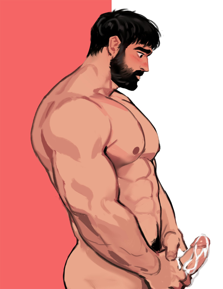1boy abs bara beard blush briefs completely_nude cum dopq erection facial_hair from_side highres jang_ju_hyeon large_pectorals male male_focus male_masturbation male_only male_solo male_underwear masturbation mature_male muscular muscular_male navel navel_hair nipples nude original pectorals short_hair solo solo_male stomach thick_eyebrows uncensored underwear