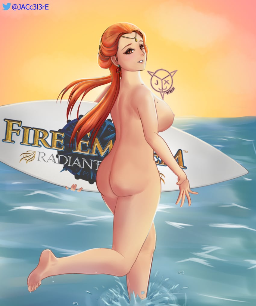 1girls ashera_(fire_emblem) ashunera_(fire_emblem) ass back_view barefoot completely_nude earrings feet fire_emblem fire_emblem:_radiant_dawn grin inviting jyx3 large_ass large_breasts looking_at_viewer looking_back mole mole_on_breast nintendo nipples nude nude_female ocean orange_eyes orange_hair reaching_out rudraksha running smile solo solo_female sunset surfboard